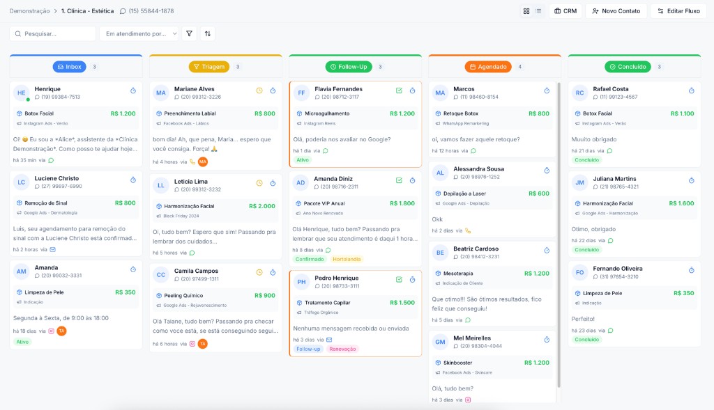 Captura de tela do painel Kanban do Floows mostrando o funil de vendas com colunas personalizáveis